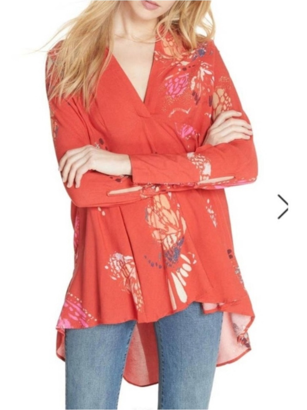 Free People Tunic Top Mini Dress Women's Size V-Neck Fields of Butterflies XS
